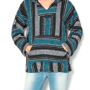 NWTBaja Joe Mexican Poncho Unisex Hoodie Blue Grey Black Drug Rug Blanket, Small